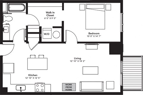 Floor plan for 1 bed, 1 bath, 768 sqft